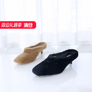 KC24855 方头羊羔毛包头拖猪皮内里细中跟拖鞋 278 II可媚秋款 特价