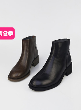 特价II可媚秋冬款圆头羊皮车缝线防水台粗中跟短靴女KC25947-367