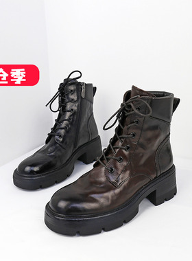 清仓II可媚冬款圆头牛皮系带大头靴防滑厚底马丁短靴女KC24850-56