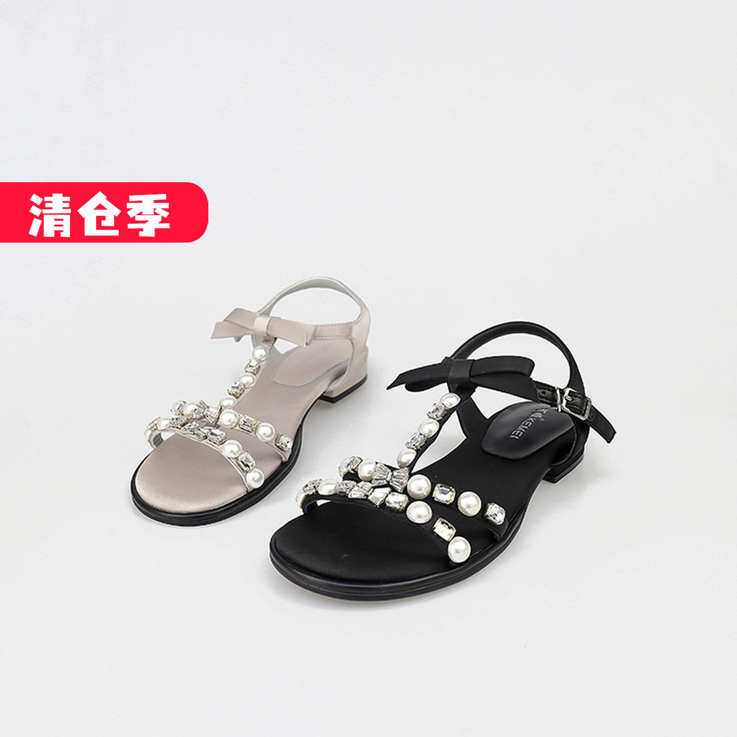 特价II可媚夏款真丝布水钻丁字式脚腕绊带露趾凉鞋女KB25641-385