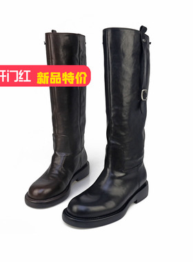 可媚2025新秋冬款圆头油蜡牛皮防水台低跟真皮高筒靴女KC25935-91