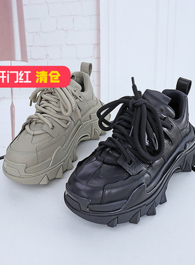 清仓II可媚正品秋款圆头牛皮系带厚底鞋松糕跟老爹鞋KC23841-218