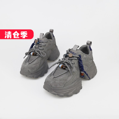 可媚圆头牛皮网面拼色系带老爹鞋