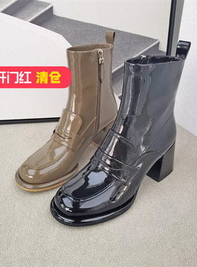 清仓‖可媚正品冬款牛漆皮车缝线侧拉链粗高跟短靴女KC22919-128