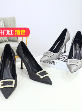 清仓‖可媚正品秋款尖头格利特水钻金属饰扣细高跟单鞋KC20815-01