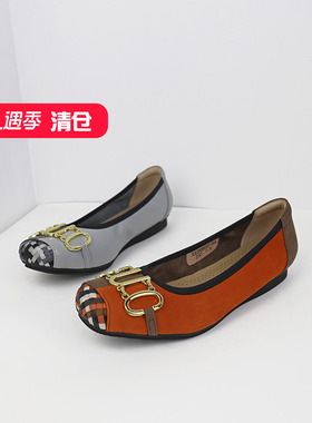 可媚2025新春款方头编织拼色格纹牛皮金属扣平底单鞋女KA25365-64