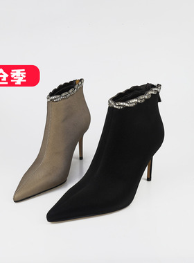 特价II可媚秋冬款尖头牛皮水钻条钻细高跟性感短靴女KC25916-115