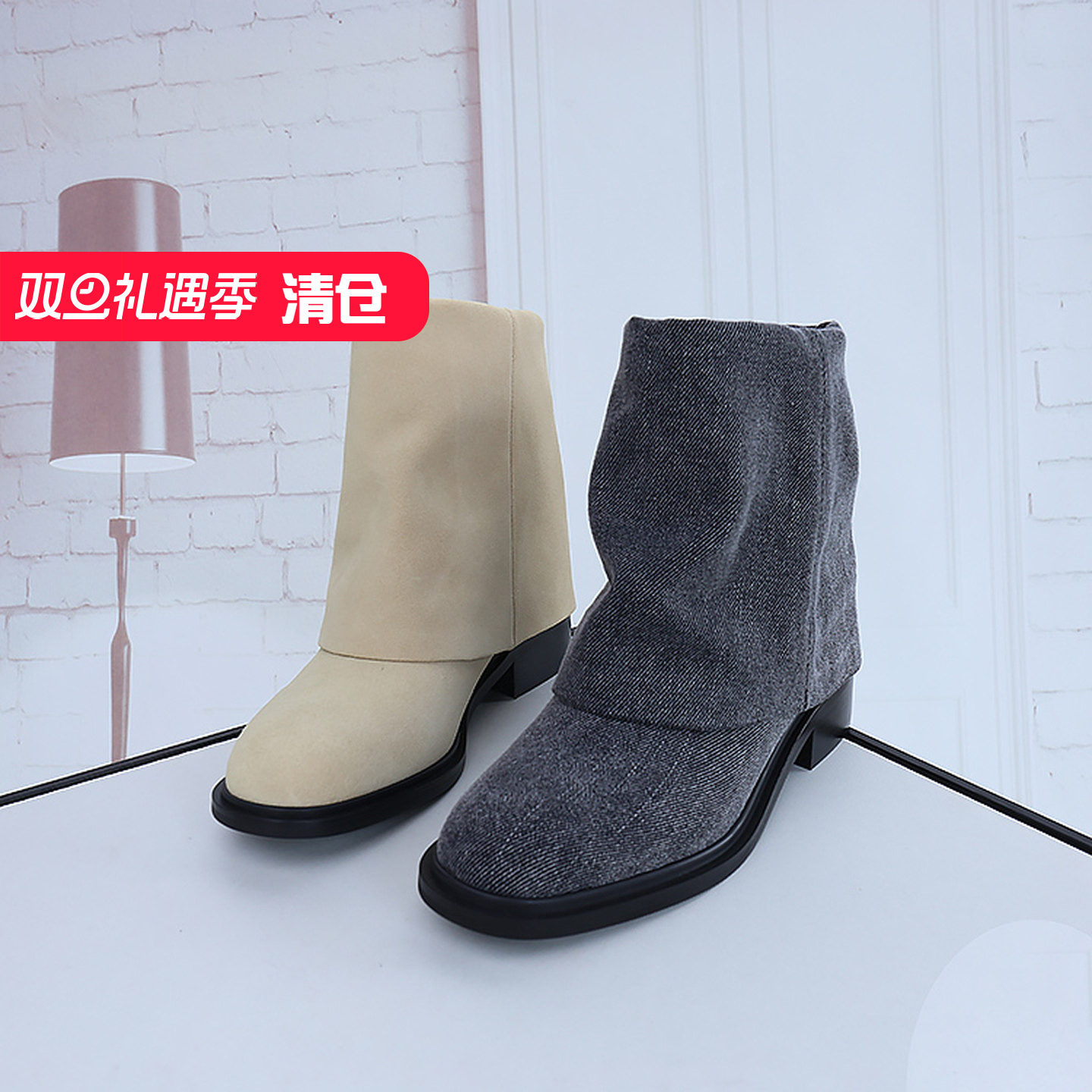 牛津布短靴秋冬靴可媚圆头