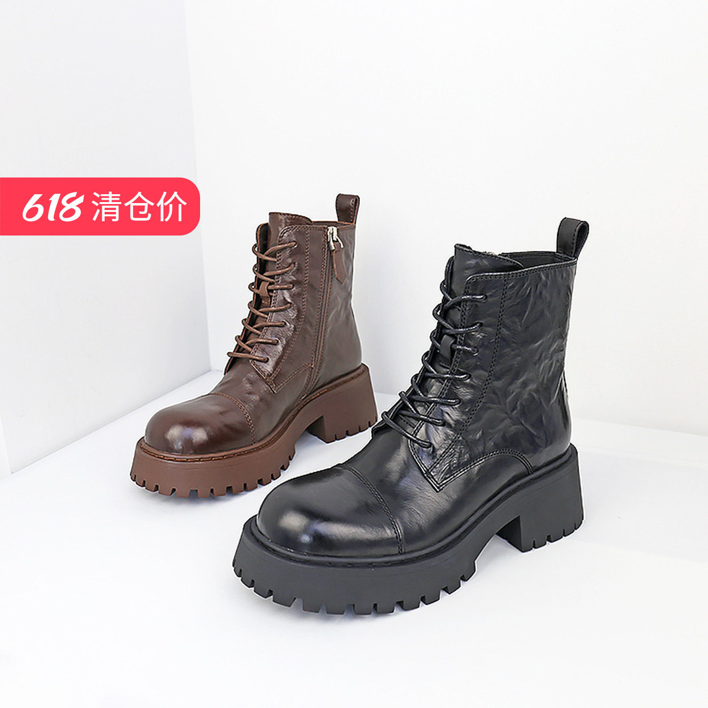 清仓II可媚冬款圆头胎牛皮松糕底系带短靴侧拉链马丁靴KC24893-09 - 实物图