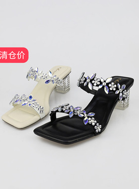 特价II可媚正品夏款真丝布牛皮闪钻水晶跟性感拖鞋女KB25682-167