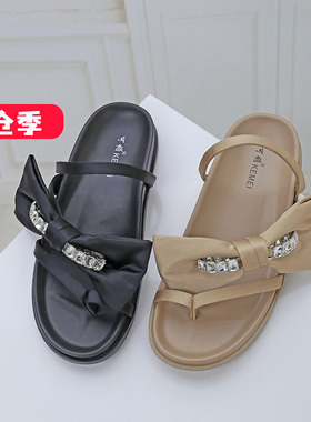 清仓II可媚正品夏款真丝布水钻条形水钻平底真皮拖鞋女KB23601-80