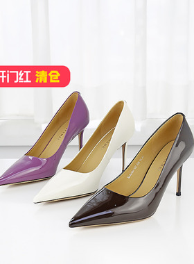 特价II可媚春款尖头牛漆皮性感浅口纯色细高跟单鞋女KA24604-167