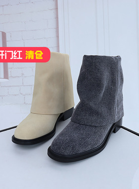 清仓II可媚正品秋冬款灰色牛津布杏色牛猄皮套筒短靴女KC23950-11