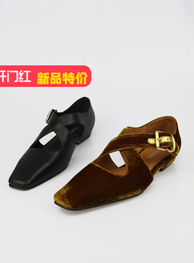 可媚2025新夏款小方头黑色羊皮黄色真丝绒布低跟单鞋KB25622-283