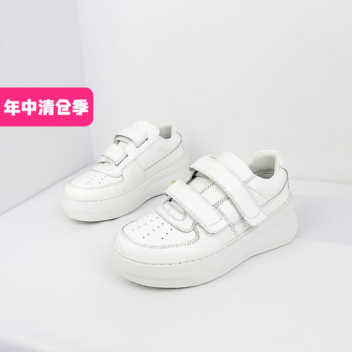 可媚圆头松糕底牛皮魔术贴小白鞋