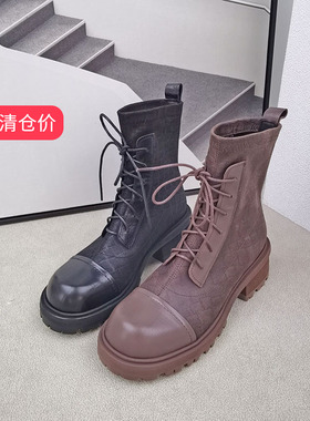 清仓‖可媚正品冬款胎牛皮进口布拼色系带防滑马丁靴女KC22966-52