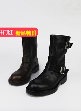 可媚2025新冬款圆头油蜡牛皮皮带扣防水台套筒烟筒靴女KC25934-91