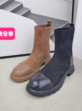 清仓‖可媚冬款牛皮弹力布松糕底防滑拼接套筒短靴女KC22959-176