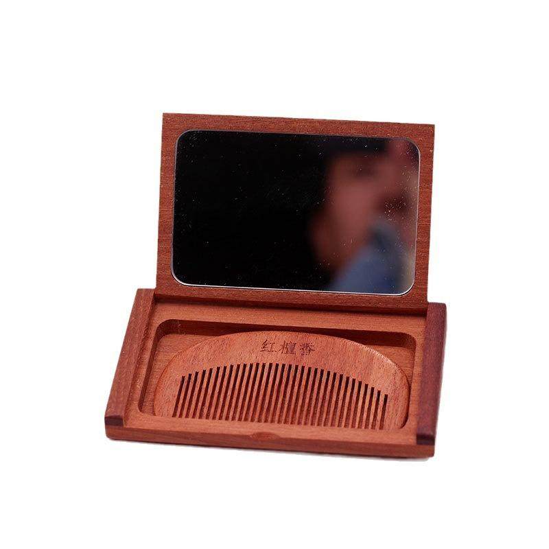 红檀木镜梳套装梳子镜子一体便携化妆补妆镜顺发梳子可折叠旅行梳