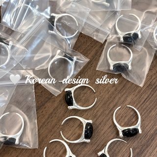 韩国ins风饰品 S925纯银椭圆形黑玛瑙简约小众设计戒指 开口指环