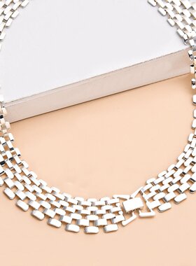 欧美跨境饰品 夸张大气镂空链条项饰女 朋克嘻哈风银色宽链项链