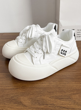 卷毛高厚底百搭小白鞋女款2026新款春季白色小众增高大头面包板鞋