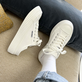 夏季 女生春秋新款 2026年百搭 白色厚底饼干帆布鞋 卷毛高两穿小白鞋