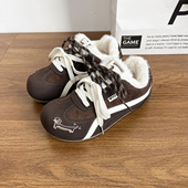 卷毛高毛毛棕色保暖加绒德训鞋 冬季 女2026新款 软厚底休闲二棉板鞋