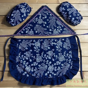 纯棉蓝印花布舞蹈围裙凤凰花花边演艺民族风表演幼儿演出采茶半身