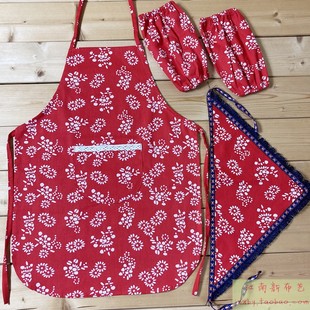 蓝印花布舞蹈围裙幼儿园农家民族袖 套采茶舞表演成人儿童挂脖围兜