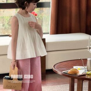 灵动风琴褶 锦棉混纺 嗒囜 儿童白色上衣 无袖 小衫 女童2025夏季