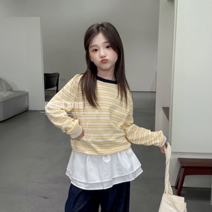 嗒囜【柠檬苏打】女童2026春装新款宽松黄白条纹圆领长袖针织衫