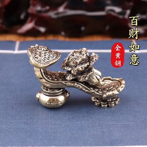 纯黄铜百财吉祥如意聚宝盆复古居家装饰办公室桌面茶宠工艺品摆件