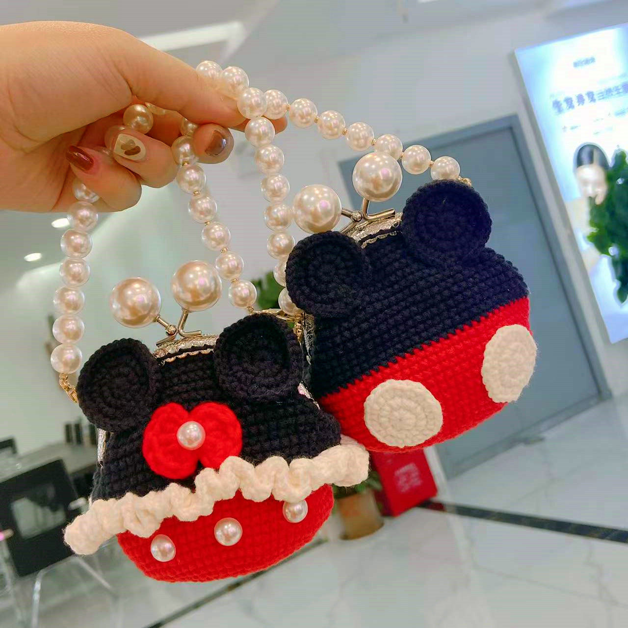 5口金包成品 手工制作米奇零钱包 米妮珍珠链条包包 钩针包包