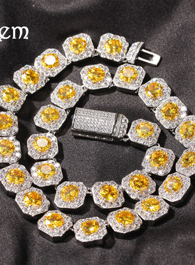 跨境嘻哈欧美铜镶锆石冰糖项链潮人个性粉色黄色锆石男女同款项饰