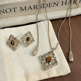 浅钛金新色虎眼石菱形镂空可调节抽拉项链毛衣链小众时尚百搭颈链