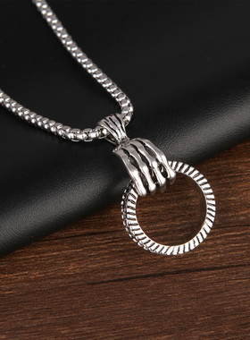 复古银长挂件潮男女个性哥特式朋克风格骷髅手抓戒指环吊坠项链