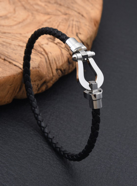 爆款马蹄扣皮绳手链不锈钢U型扣情侣手链编织手环男士首饰品轻奢