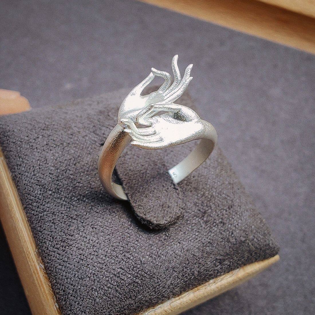 磨砂设计佛手戒指女复古中国风观音手势吉祥如意可调节开口指环