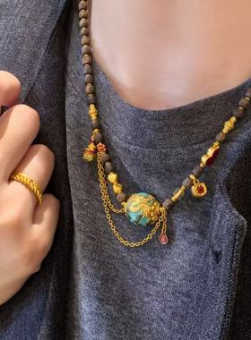 新中式复古檀香手工串珠民族风中古龙珠项链颈链民族风百搭高级感