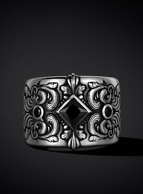 泰银黑色锆石戒指男士宽大指环潮牌百搭小众高级感大号霸气
