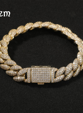 跨境欧美热销12mm满钻古巴链Hiphop嘻哈街头潮流男士手链百搭配饰