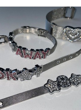 韩国小众ins 爱心水钻表带风设计手链银色未来感清冷气质