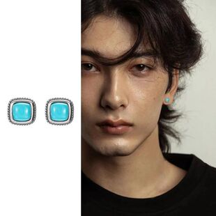 藏式复古耳钉男小巧精致轻奢男式耳骨钉男士方形设计男生高级耳饰