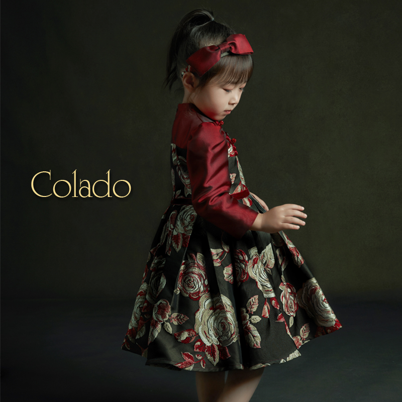 女童红色提花连衣裙扣诺设计高端