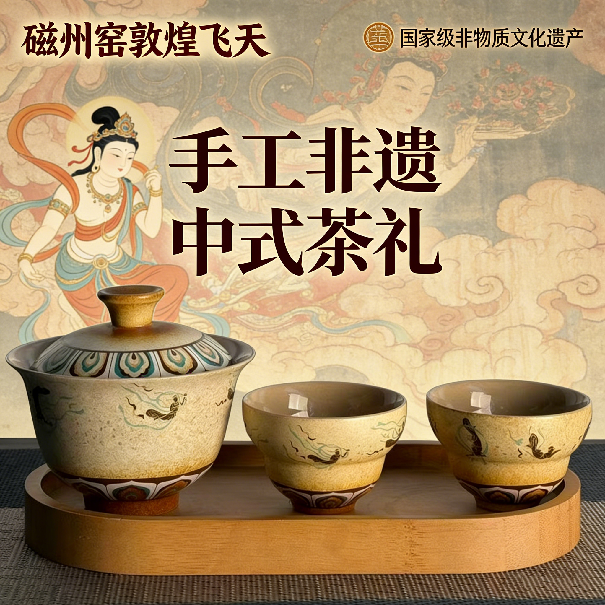 磁州窑梦回敦煌陶瓷茶具套装复古手绘盖碗茶杯子中式商务伴手礼品
