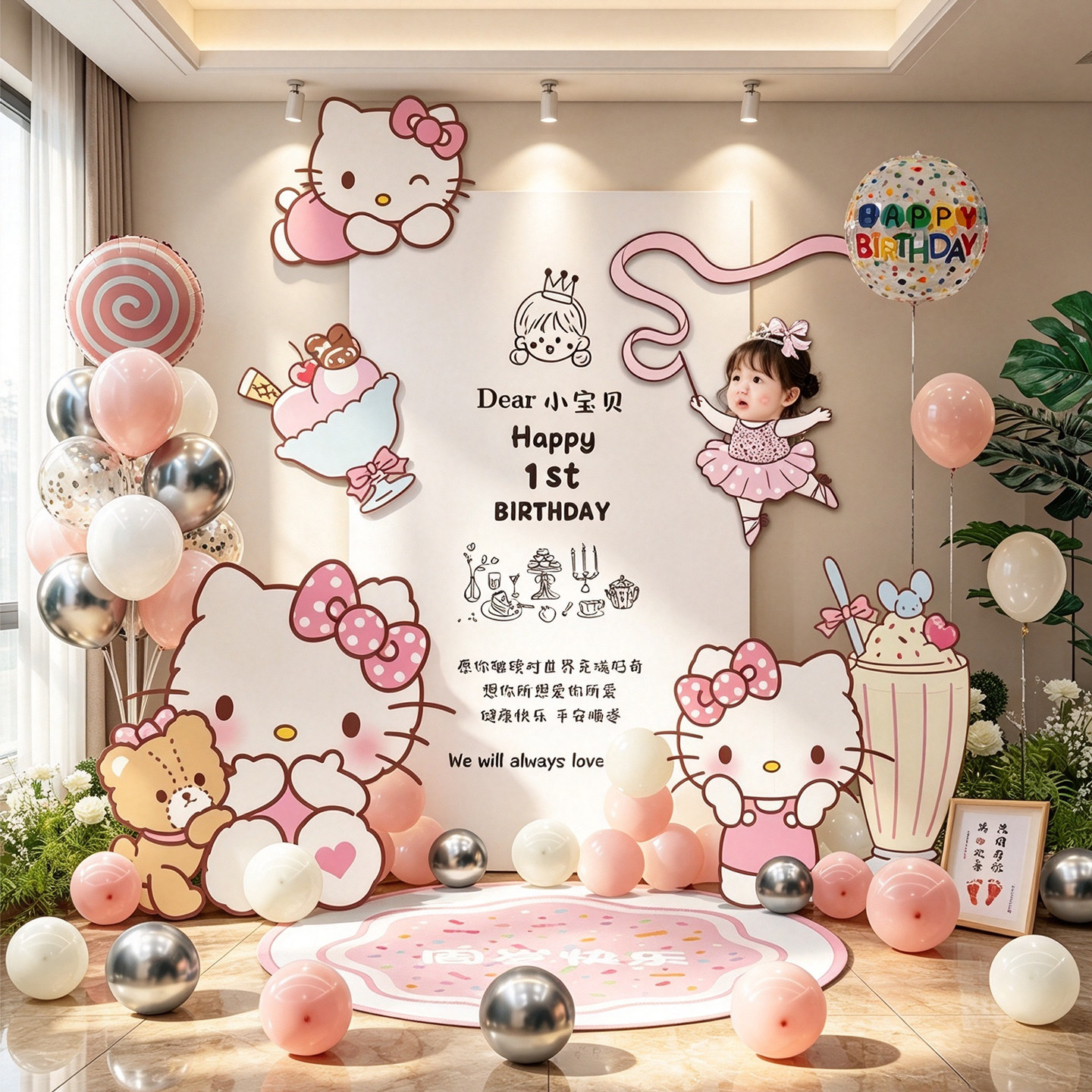 凯蒂猫周岁生日抓周气球背景墙