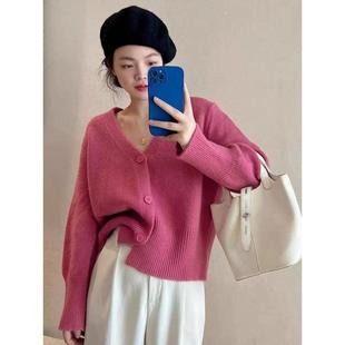 梅子粉色毛衣开衫女春秋新款显瘦短款针织衫外套V领百搭长袖上衣