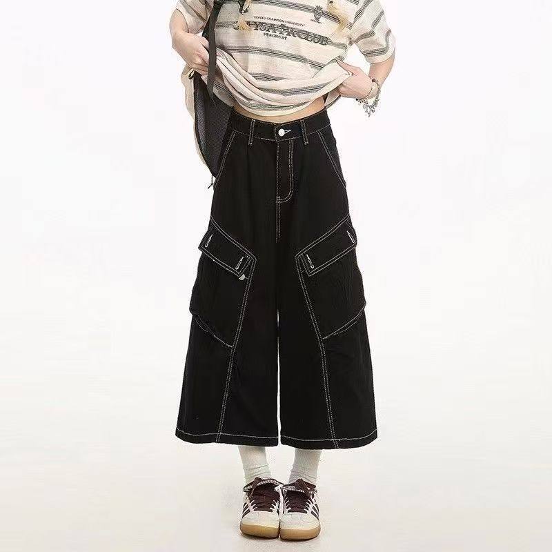 黑色多口袋工装牛仔裤女2025春夏季季新款宽松bf韩版街头七分裤潮
