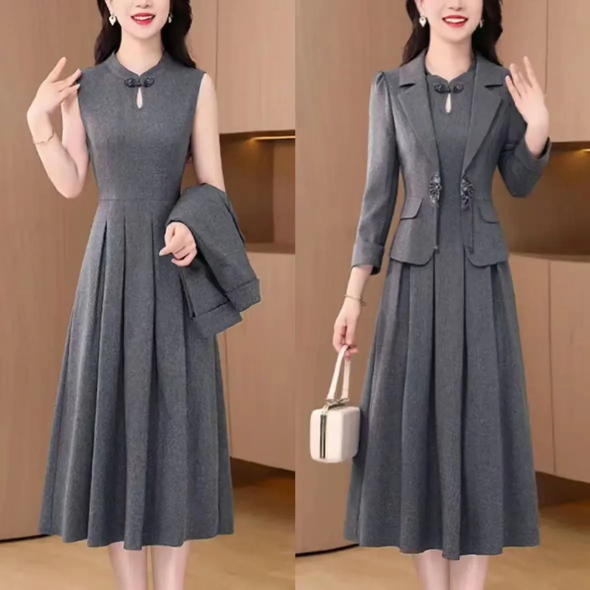 早秋冬长袖两件套连衣裙女2025年秋装新款气质国风妈妈背心裙套装